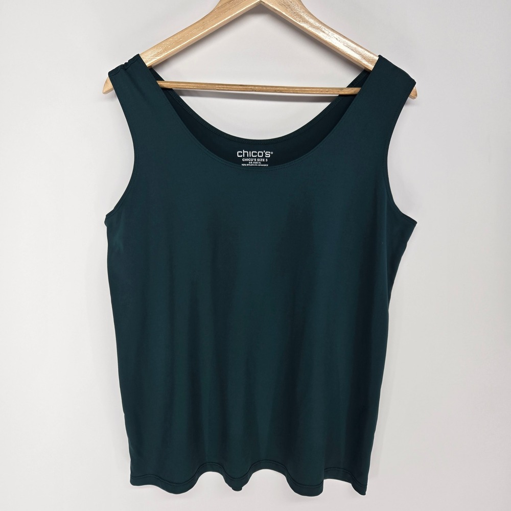 Chico's Tank Top Sz 3 XL Green Scoop Neck Sleeveless Stretch Basic Layer Stretch
